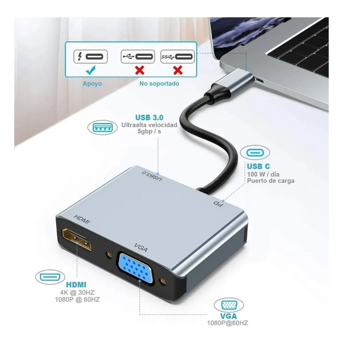 GIOIO - 4 En 1 Usb C A 4k Hdmi Vga Adaptador