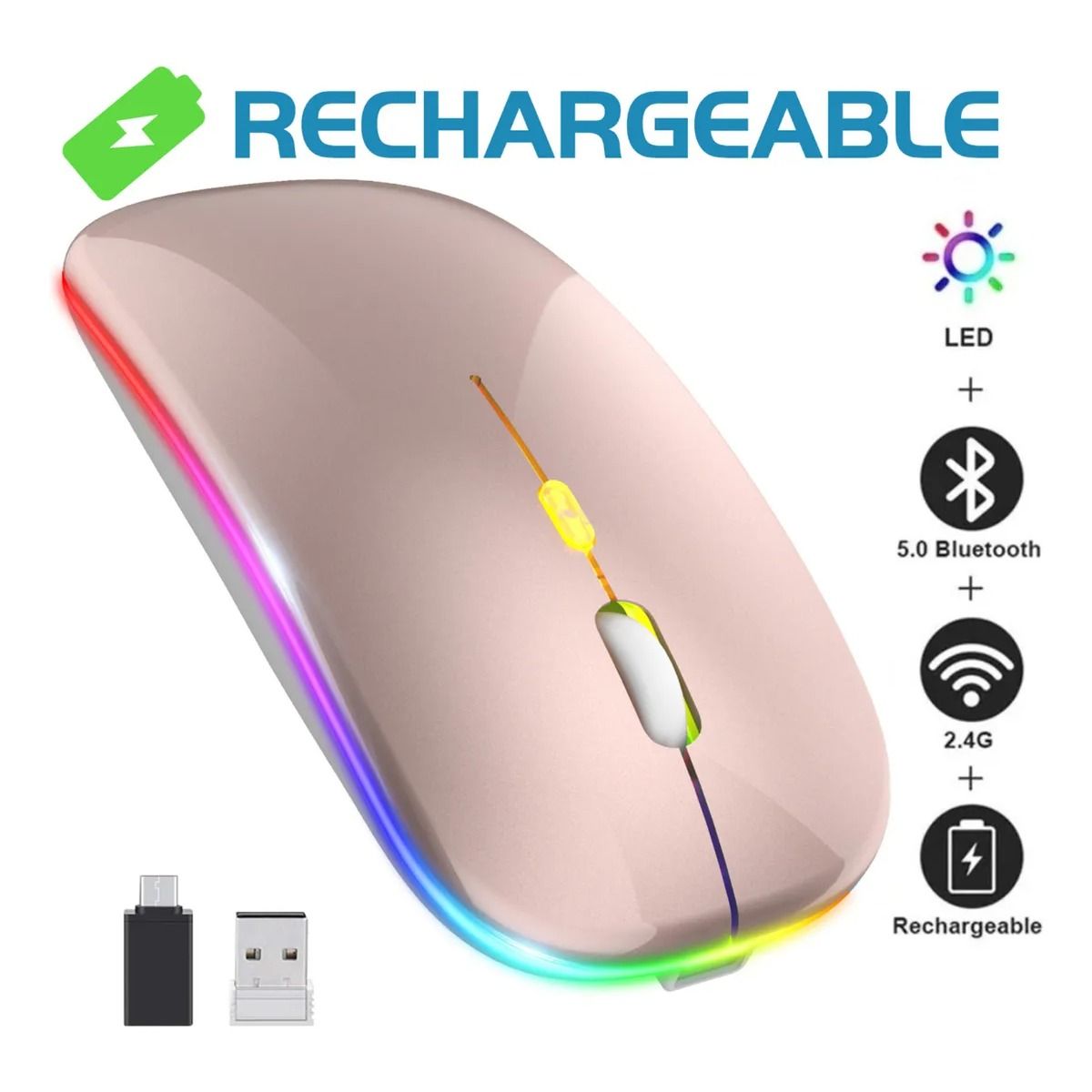 GIOIO - Ratón Inalámbrico Recargable Retroiluminación De 7 Colores