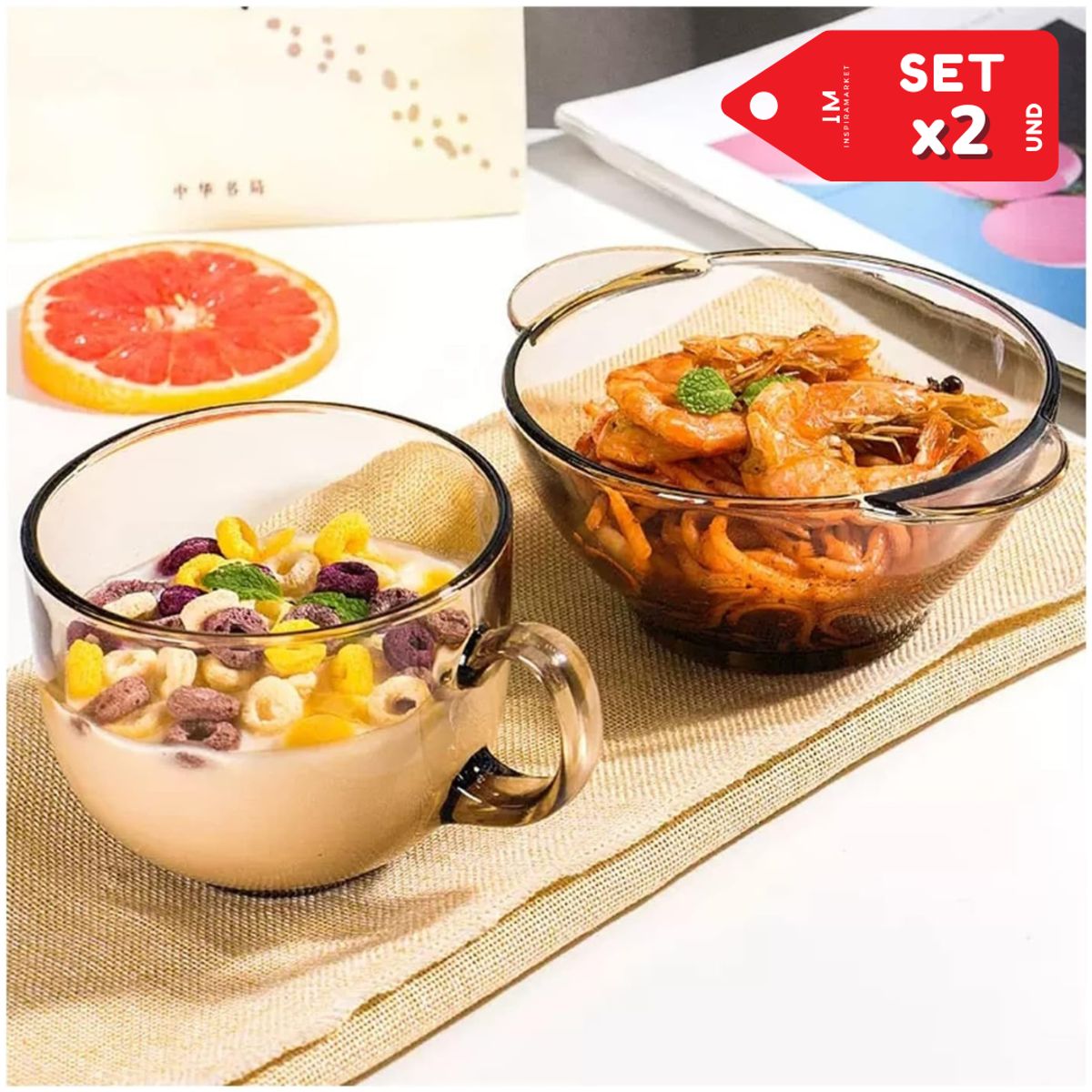 INSPIRA MARKET - Taza y Plato Bowl de vidrio Set Marron Transparente 450ml