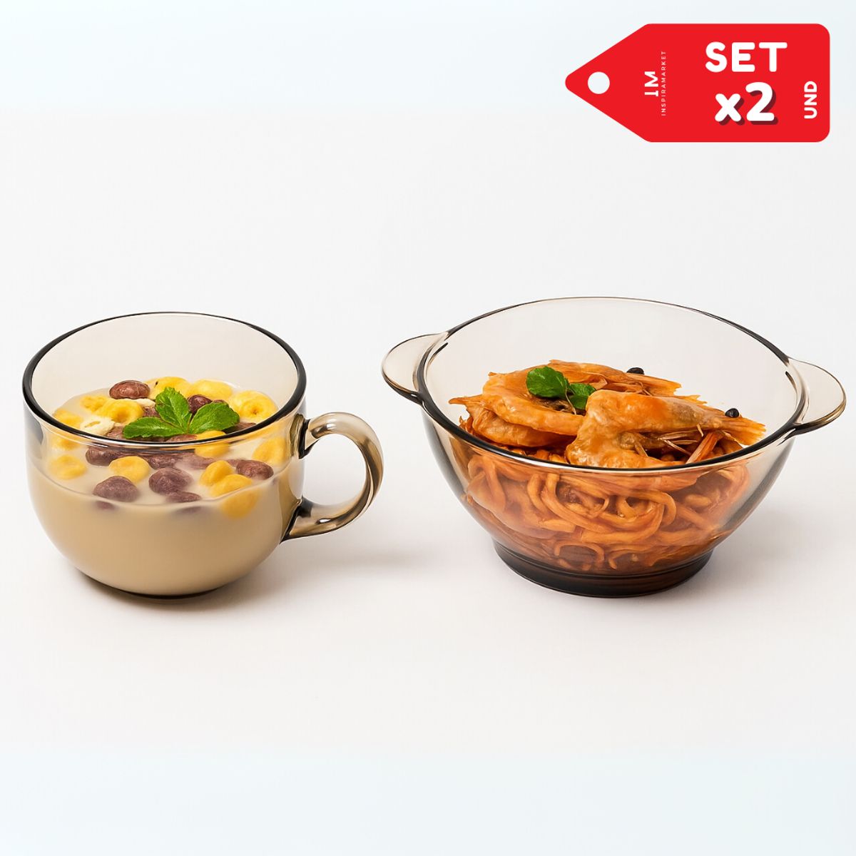 INSPIRA MARKET - Taza y Plato Bowl de vidrio Set Marron Transparente 450ml