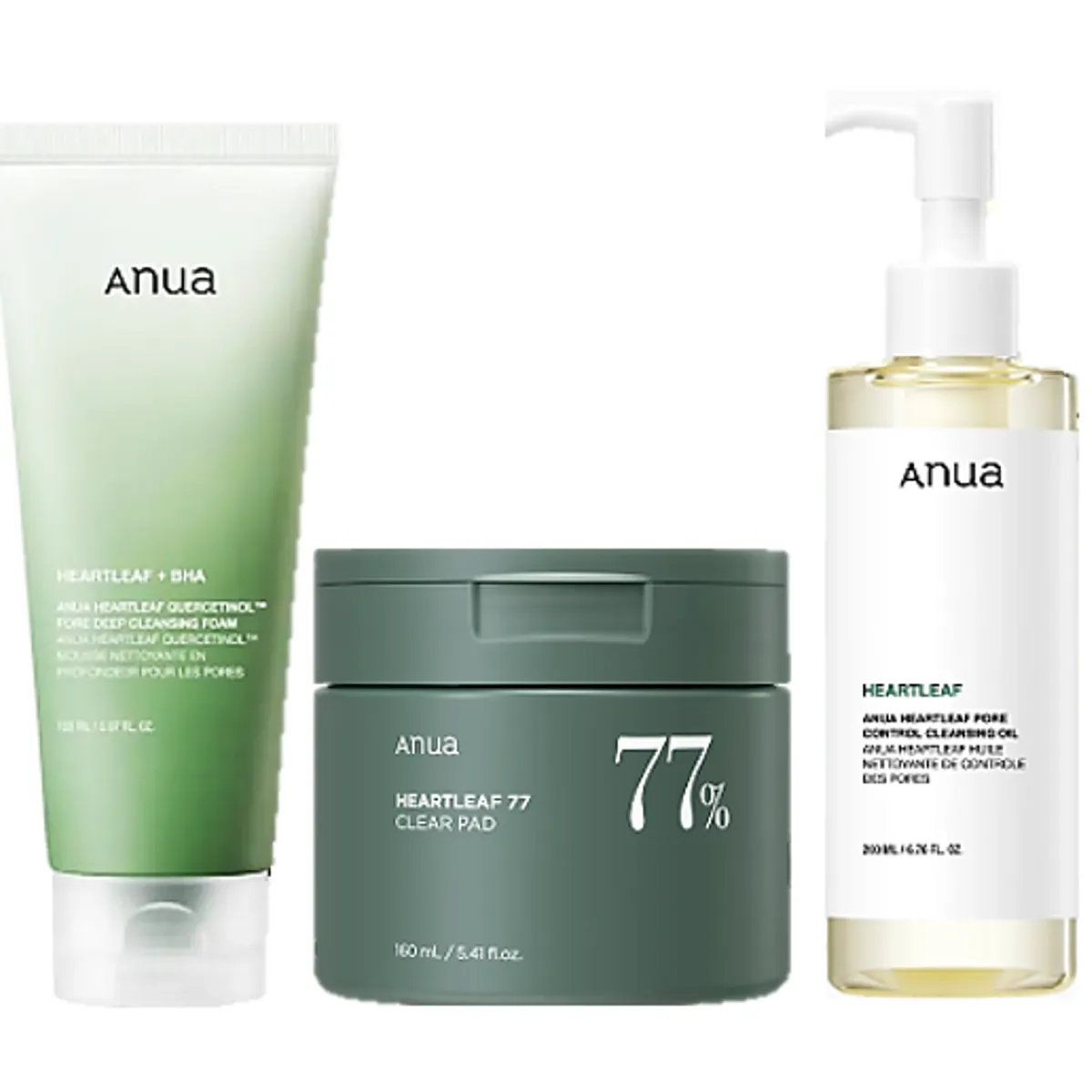 ANUA - PACK ANUA HEARTLEAF LIMPIEZA PROFUNDA & CALMA  ACEITE + PADS + ESPUMA