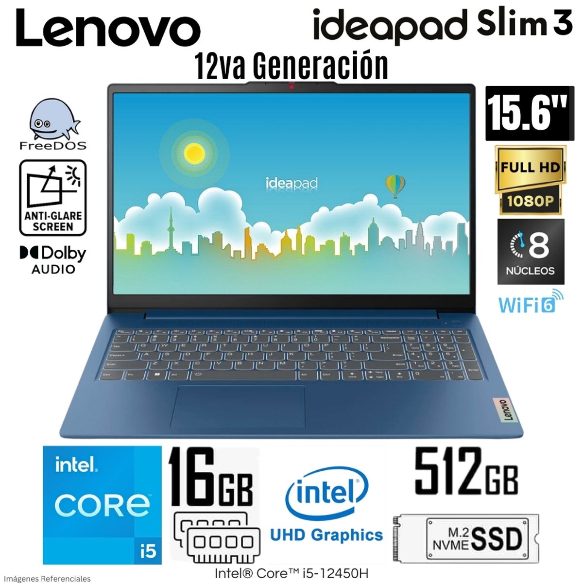 LENOVO - Laptop Lenovo IdeaPad Slim 3 Intel Core i5-12450H 16GB RAM 512GB SSD 15.6" FHD Free Dos - 83ER001DLM