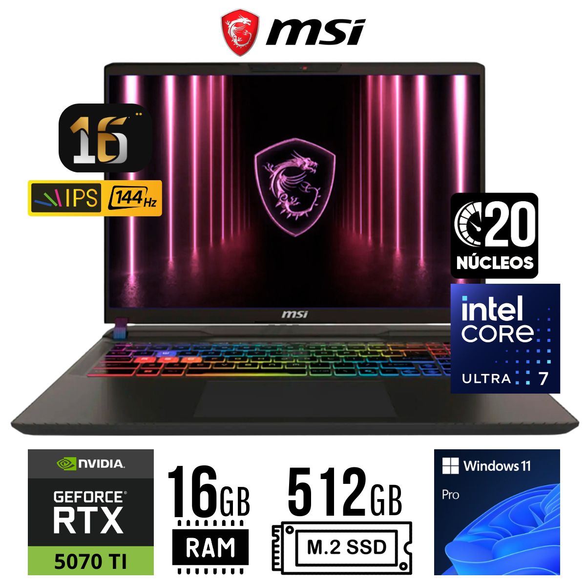 MSI - LAPTOP MSI VECTOR 16 A2XWHG INTEL CORE ULTRA 7 255HX RAM 16GB SSD 512GB RTX 5070 TI 12GB 16" WIN 11