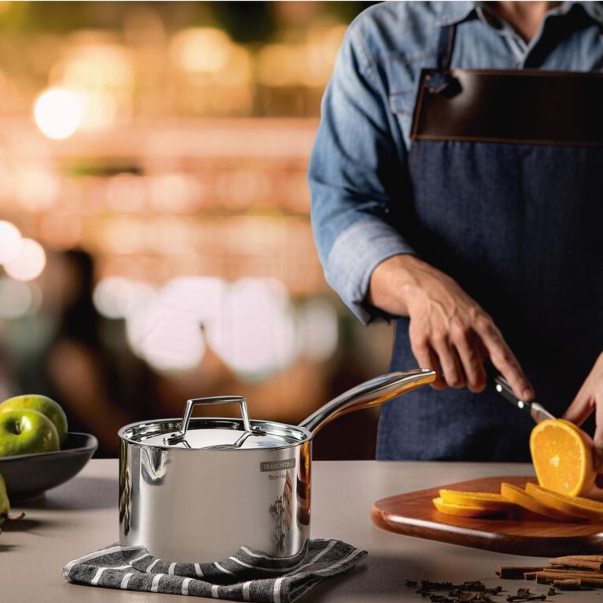 TRAMONTINA - Olla alta de acero inoxidable con tapa y mango 14 cm 1,5 L TRAMONTINA
