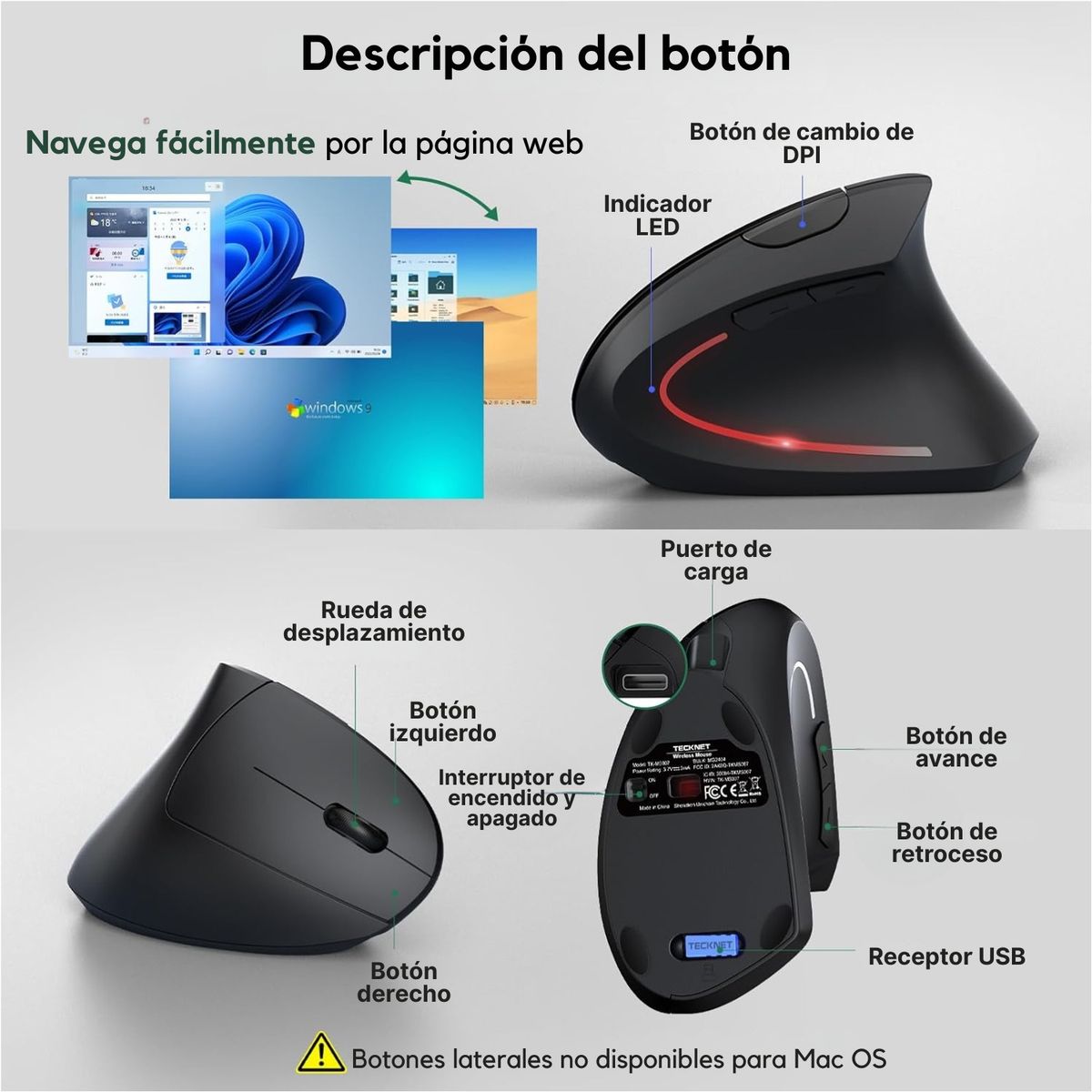 GENERICO - Mouse Vertical Ergonómico Usb Recargable Antifatiga 3600 Dpi Negro