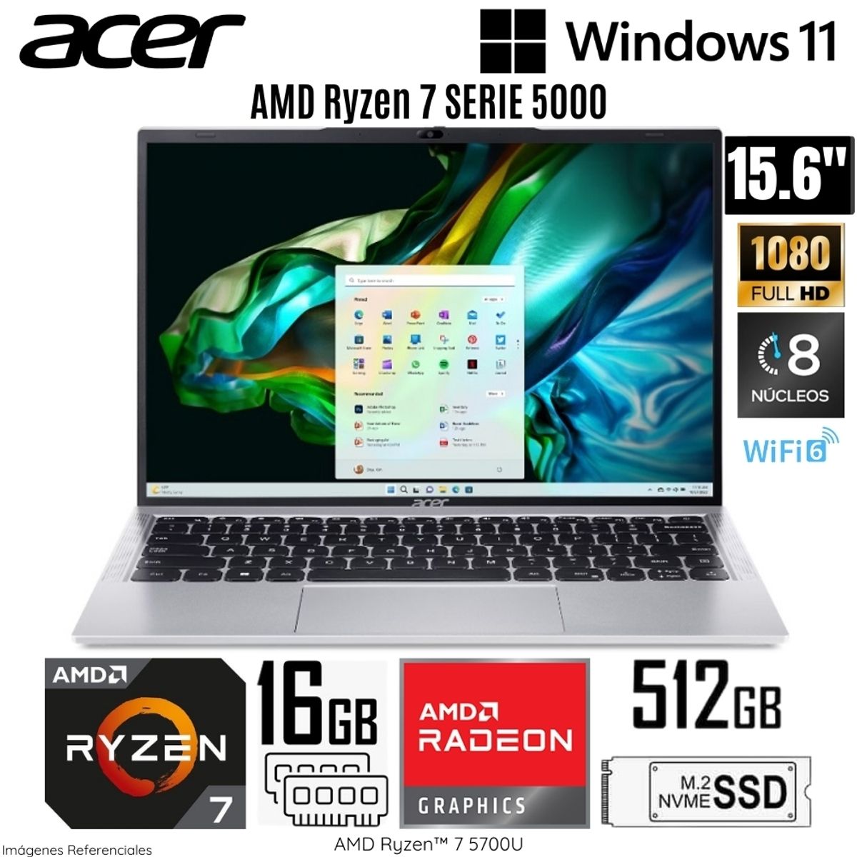 ACER - Laptop Acer Aspire AL15-41P-R27P AMD Ryzen 7-5700U 16GB RAM 512GB SSD 15.6"   FHD Light Silver