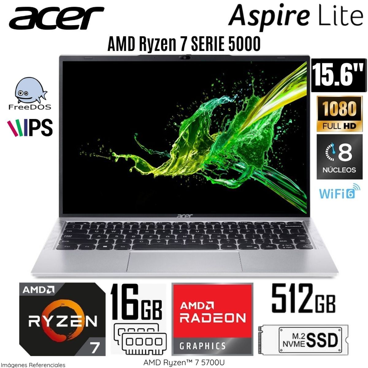 ACER - Laptop Acer Aspire AL15-41P-R27P AMD Ryzen 7-5700U 16GB RAM 512GB SSD 15.6"   FHD Light Silver