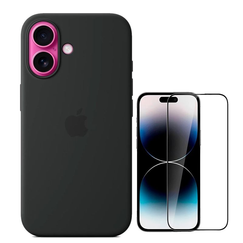CASE - Case Silicona Para Iphone 16 + Mica de Vidrio -   Negro