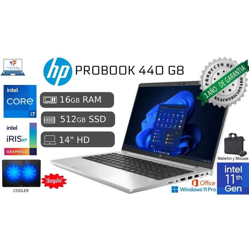 HP - Hp Probook 440 G8 I7 11va 16gb RAM 512gb SSD HD IPS Reacondicionada 1 Año Garantía + COOLER