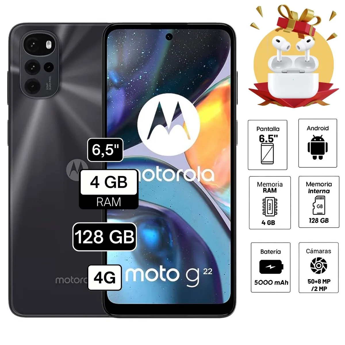 MOTOROLA - CELULAR MOTOROLA G22 6.5 4GB RAM 128GB Negro + AUDIFONO DE REGALO