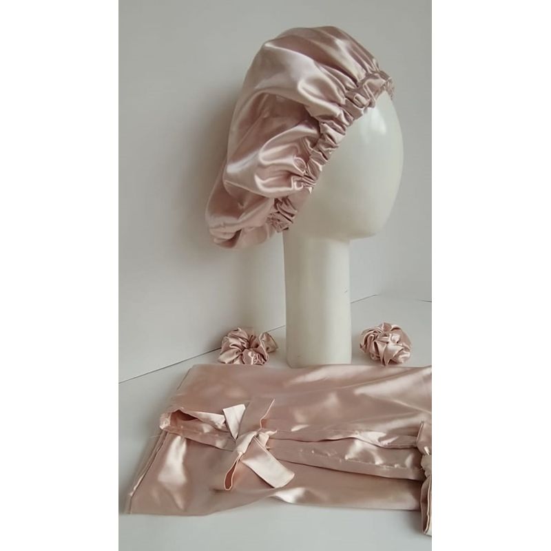 GENERICO - PACK GORRO DE SATÍN MAS FUNDA DE ALMOHADA DE SATÍN NUDE