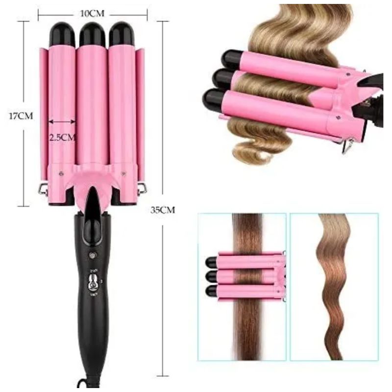 GENERICO - Rizador Profesional Ondulador de 3 Barriles para Cabello - Rosado