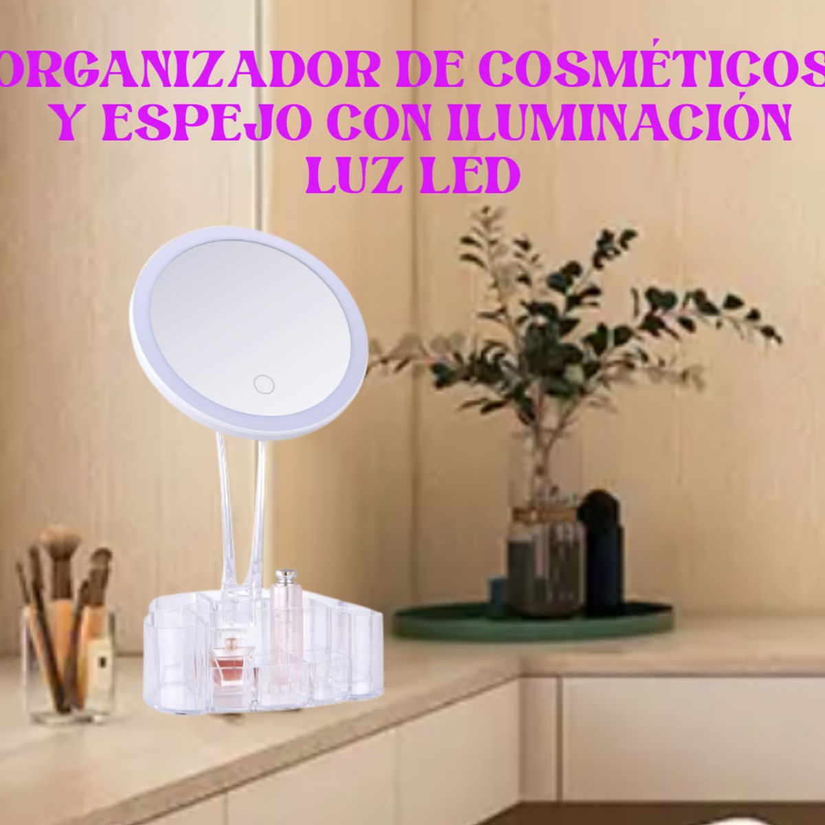 GENERICO - ORGANIZADOR ACRÍLICO DE COSMÉTICOS CON ESPEJO LUZ LED