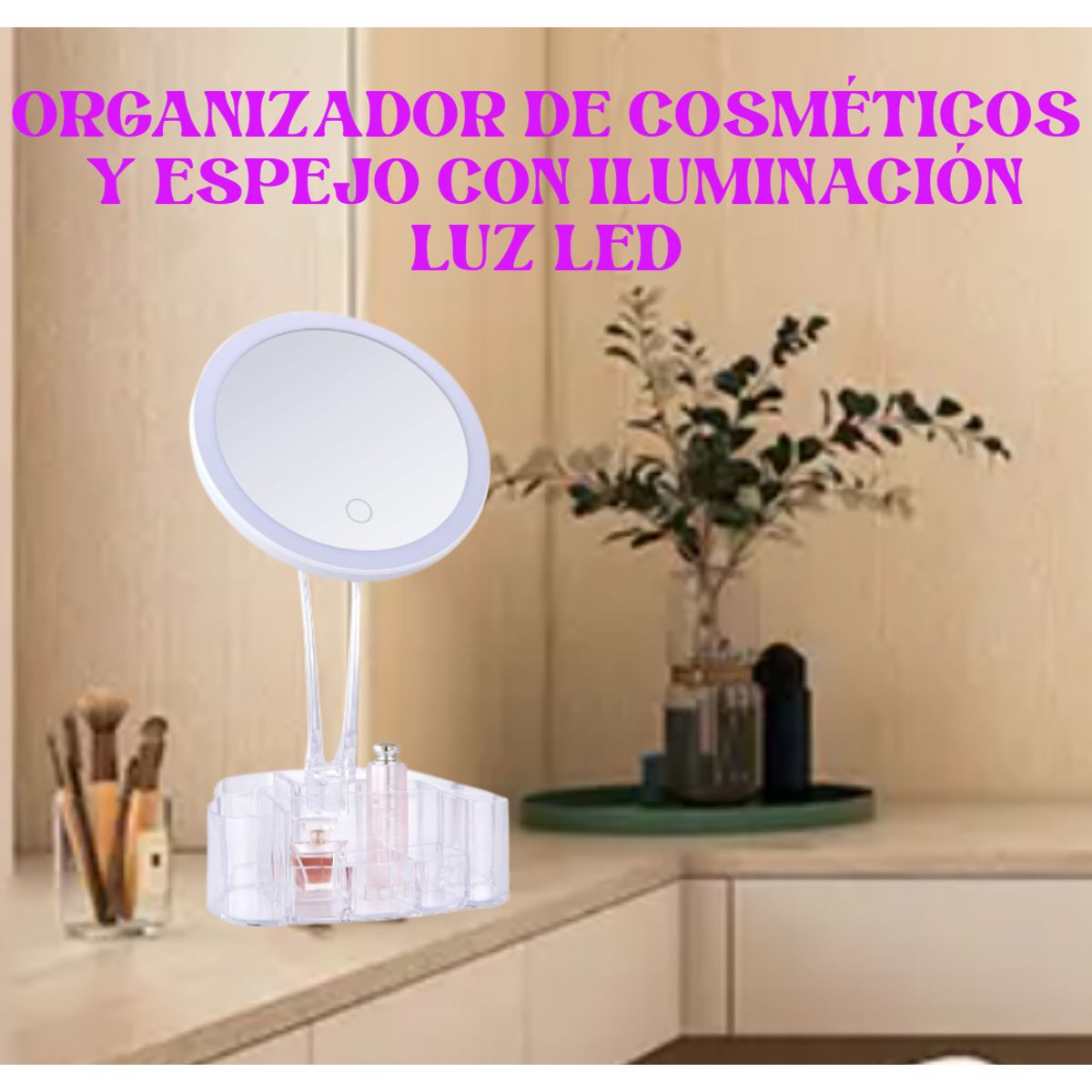 GENERICO - ORGANIZADOR ACRÍLICO DE COSMÉTICOS CON ESPEJO LUZ LED