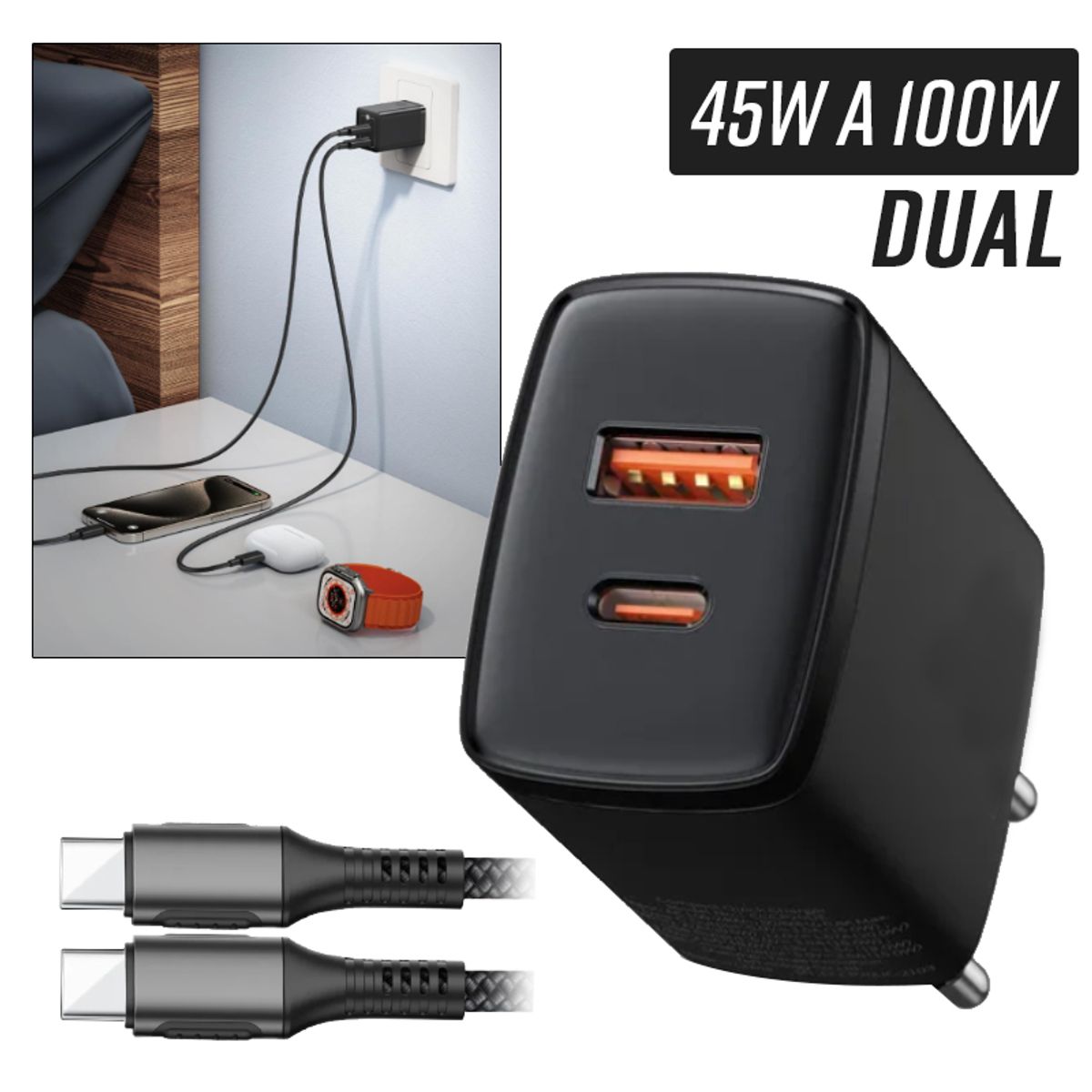 OEM - Cargador para Samsung 45w a 100w Carga Rapida Duo Usb Tipo C