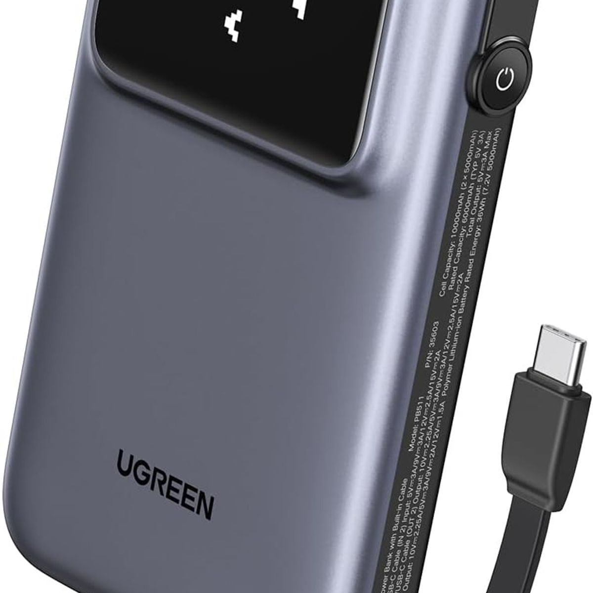 UGREEN - Cargador Portatil UGREEN 10000mha Cable integrado - Grey