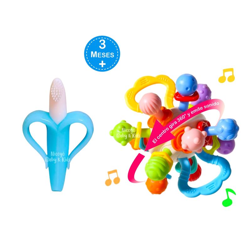 HUANGER - Pack Bebé Juguete Sensorial y Mordedor Platanito Celeste