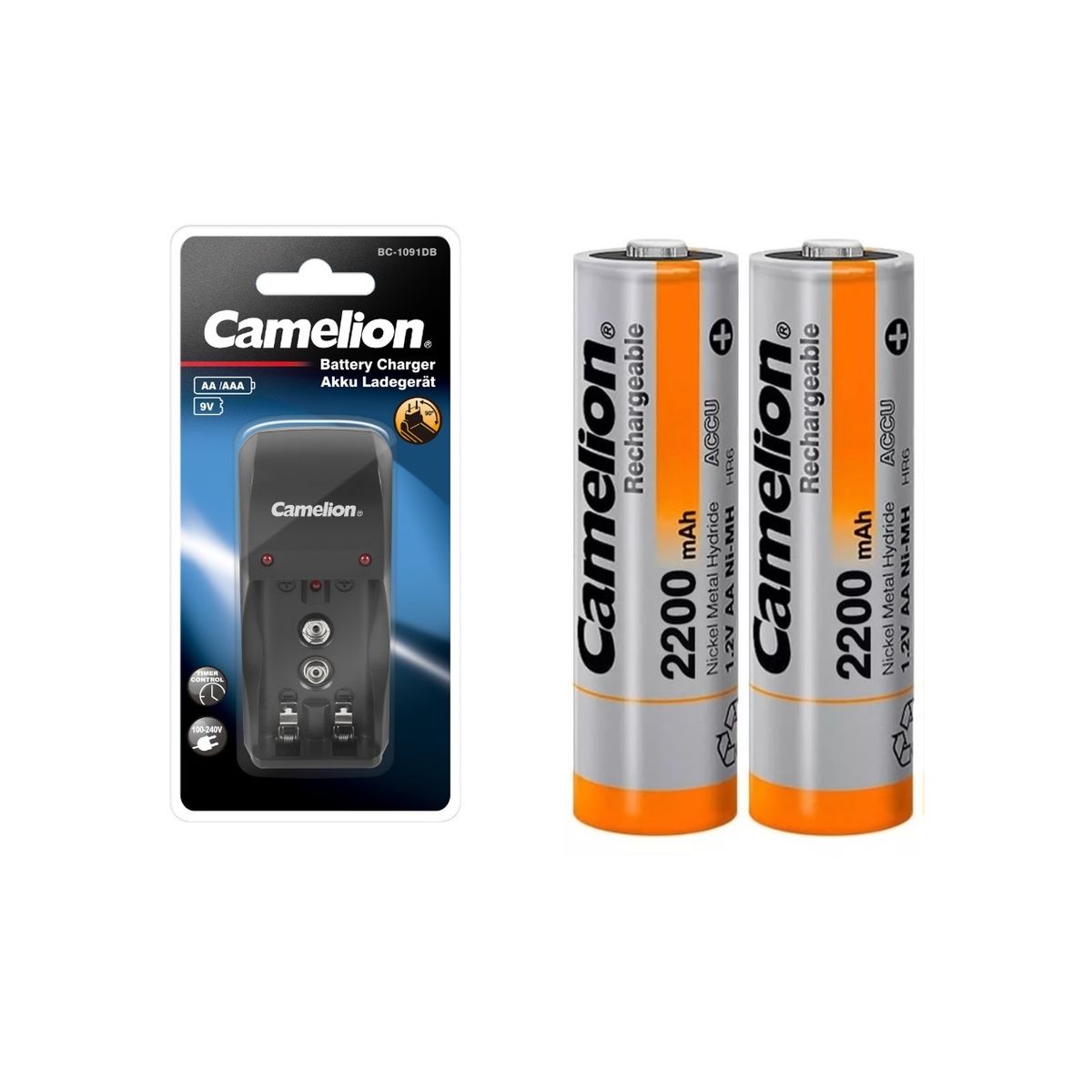 CAMELION - Cargador camelion mas 2 pilas AA 2200mAh Recargable