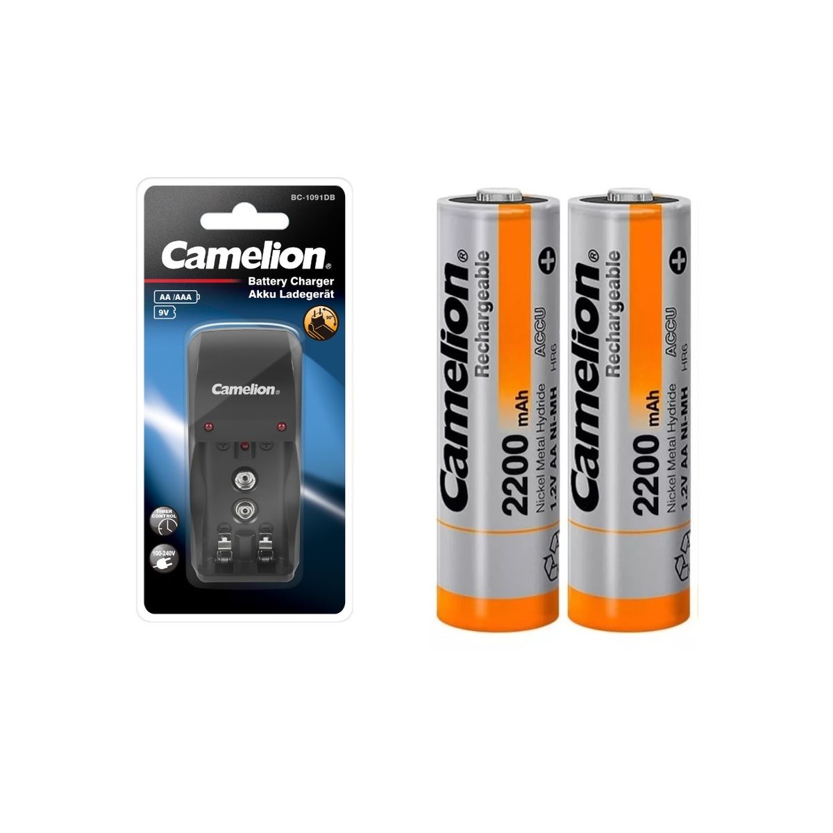 CAMELION - Cargador camelion mas 2 pilas AA 2200mAh Recargable