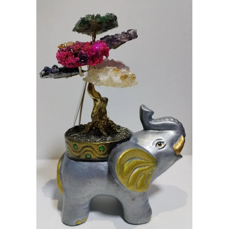 GENERICO - ARBOLITO BONSAI  DE LOS DESEOS CON ELEFANTE DORADO  PIEDRAS DE CUARZO