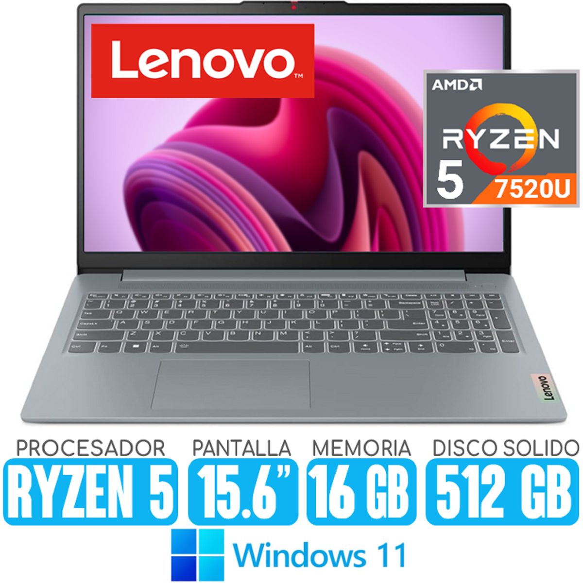 LENOVO - Laptop LENOVO Ryzen 5-7520U SSD 512gb RAM 16gb Pantalla 15.6 windows 11 Ideapad Slim