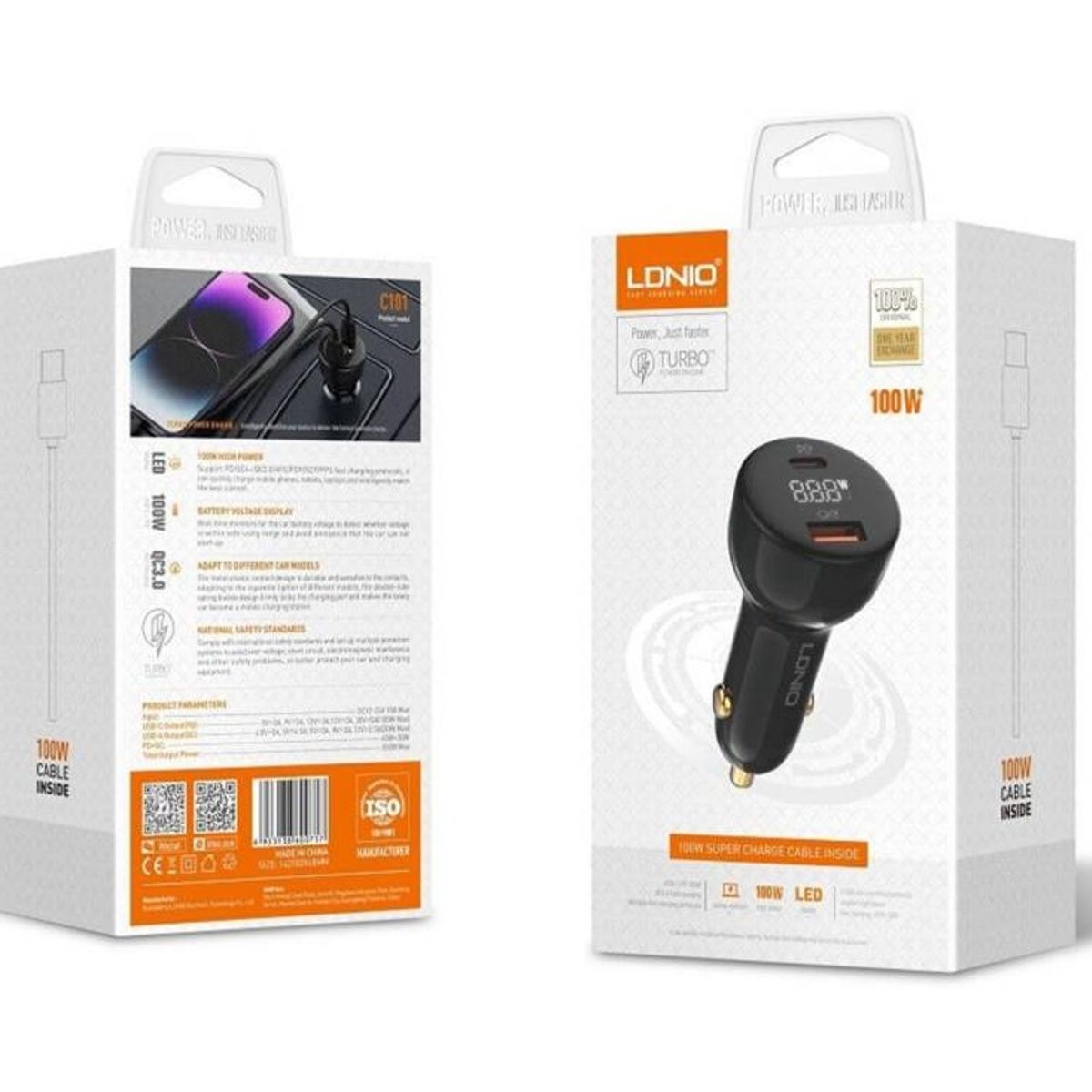LDNIO - Cargador auto 100w Incluye Cable De 100w Tipo-C Ldnio C101