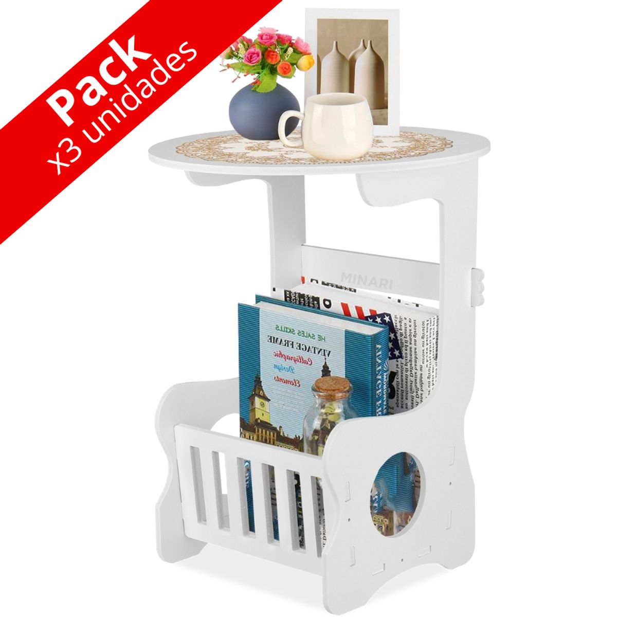 MINARI - Pack x3 Mesita de Centro Decorativa con Organizador Porta Libros Y14