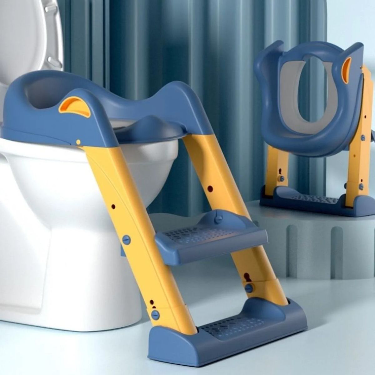 GENERICO - ASIENTO DE INODORO INFANTIL CON ESCALERA AZUL - OREJAS DE CONEJO