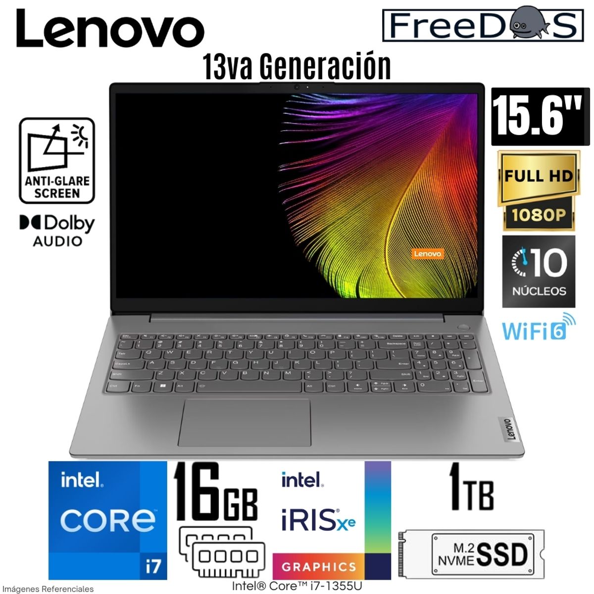 LENOVO - Laptop Lenovo V15 G4 IRU Intel Core i7-1355U 16GB RAM 1TB SSD 15.6"  FHD Free Dos - 83A100ESLM