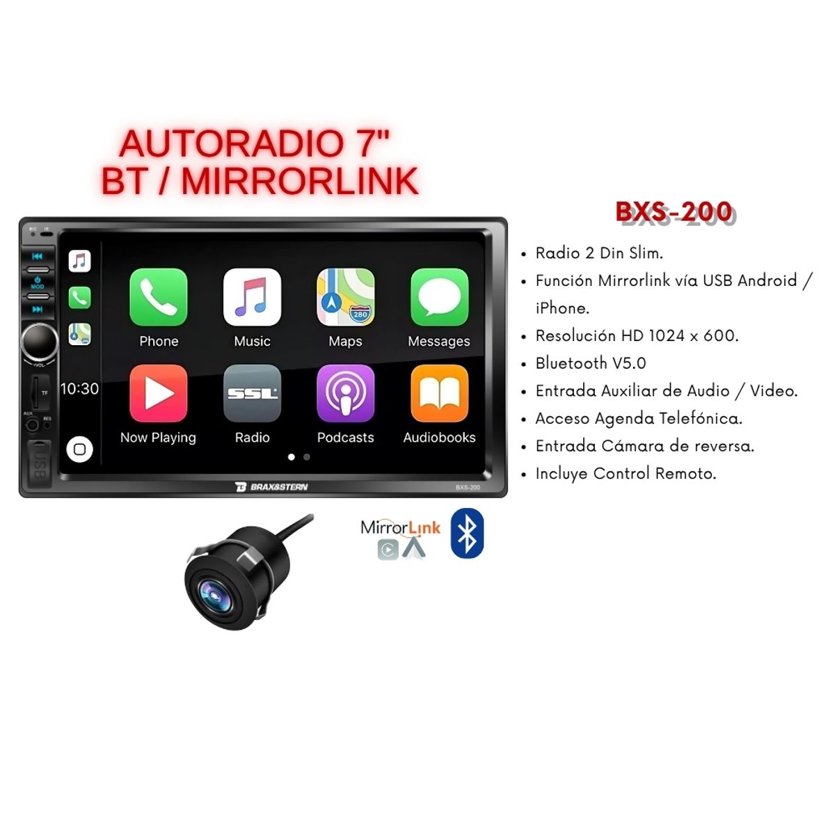 GENERICO - Autoradio Brax&Stern Mirrorlink Android iOs Bluetooth 7 HD + Cámara