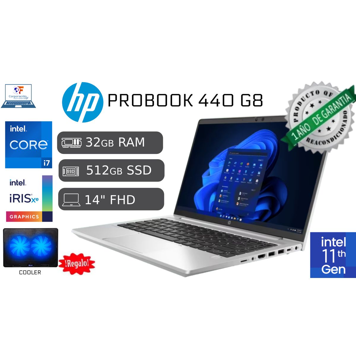 HP - Hp Probook 440 G8 I7 11va 32gb RAM 512GB SSD IPS Reacondicionada 1 Año Garantía + COOLER