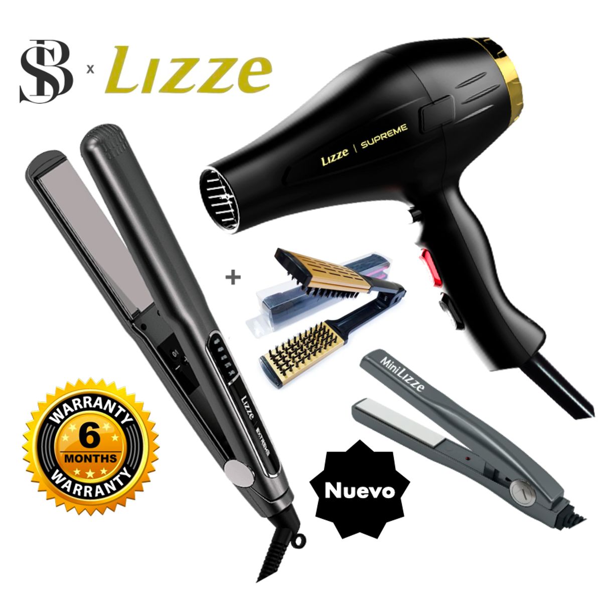 LIZZE - PLANCHA EXTREME Y SECADORA SUPREME DE CABELLO LIZZE + MINI PLANCHA + CEPILLO TERMICO