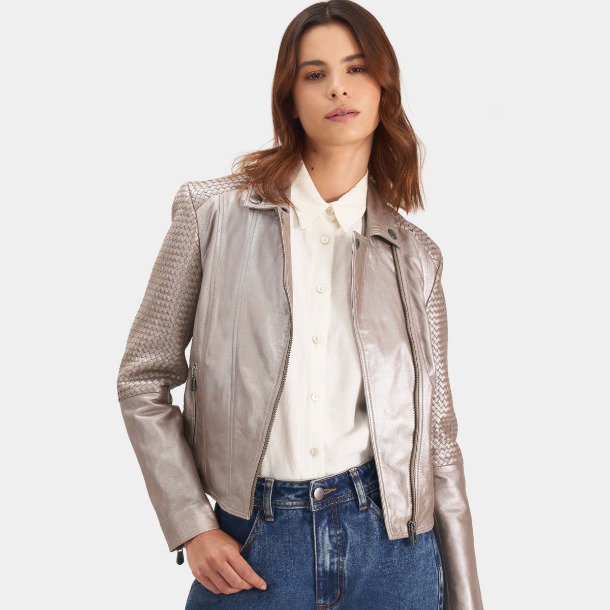 VELEZ - Vélez Casaca Biker Urano En Cuero Con Tejidos Mujer Plata