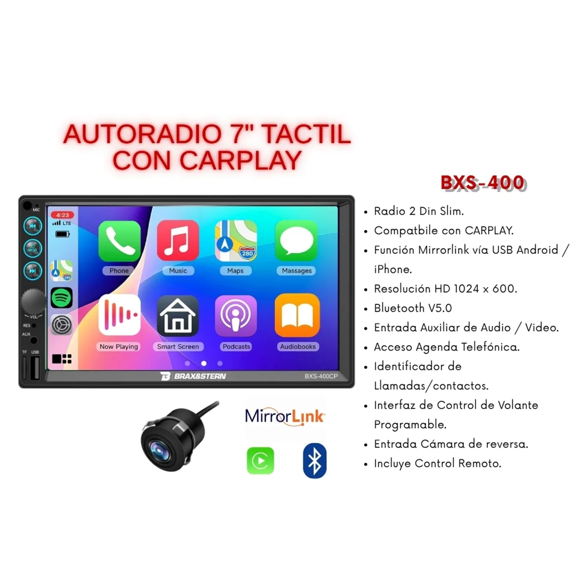 GENERICO - Autoradio Brax&Stern Con Carplay Mirrorlink BT USB 7 + Cámara BXS-400