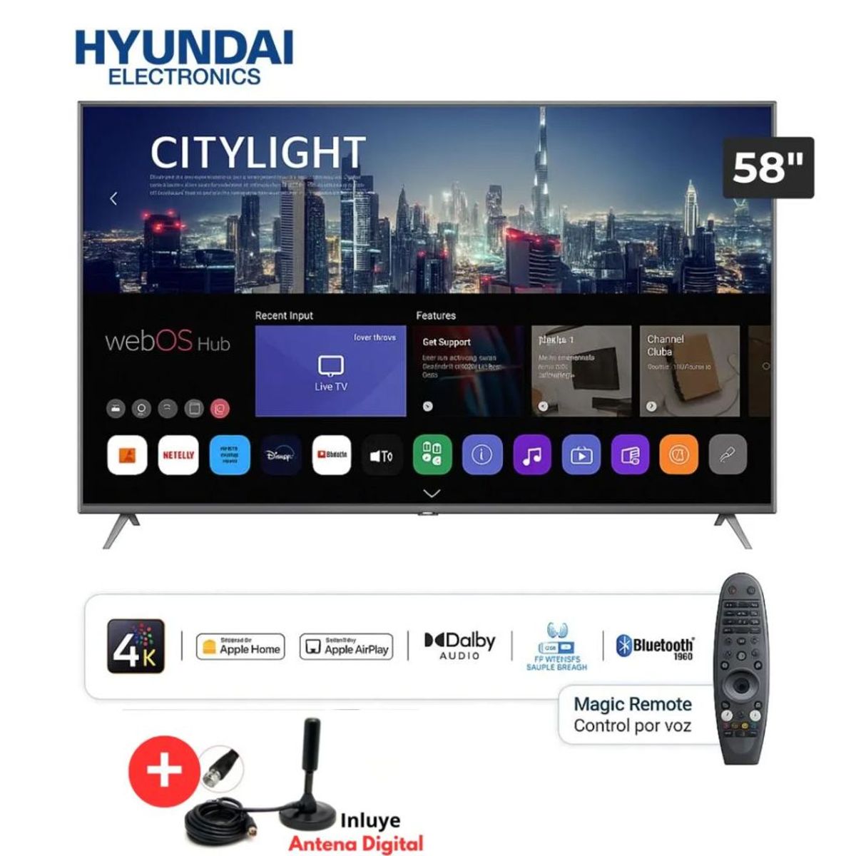 HYUNDAI - TELEVISOR SMART TV HYUNDAI 4K ULTRA HD 58” HYLED5808W4KM + Antena Digital