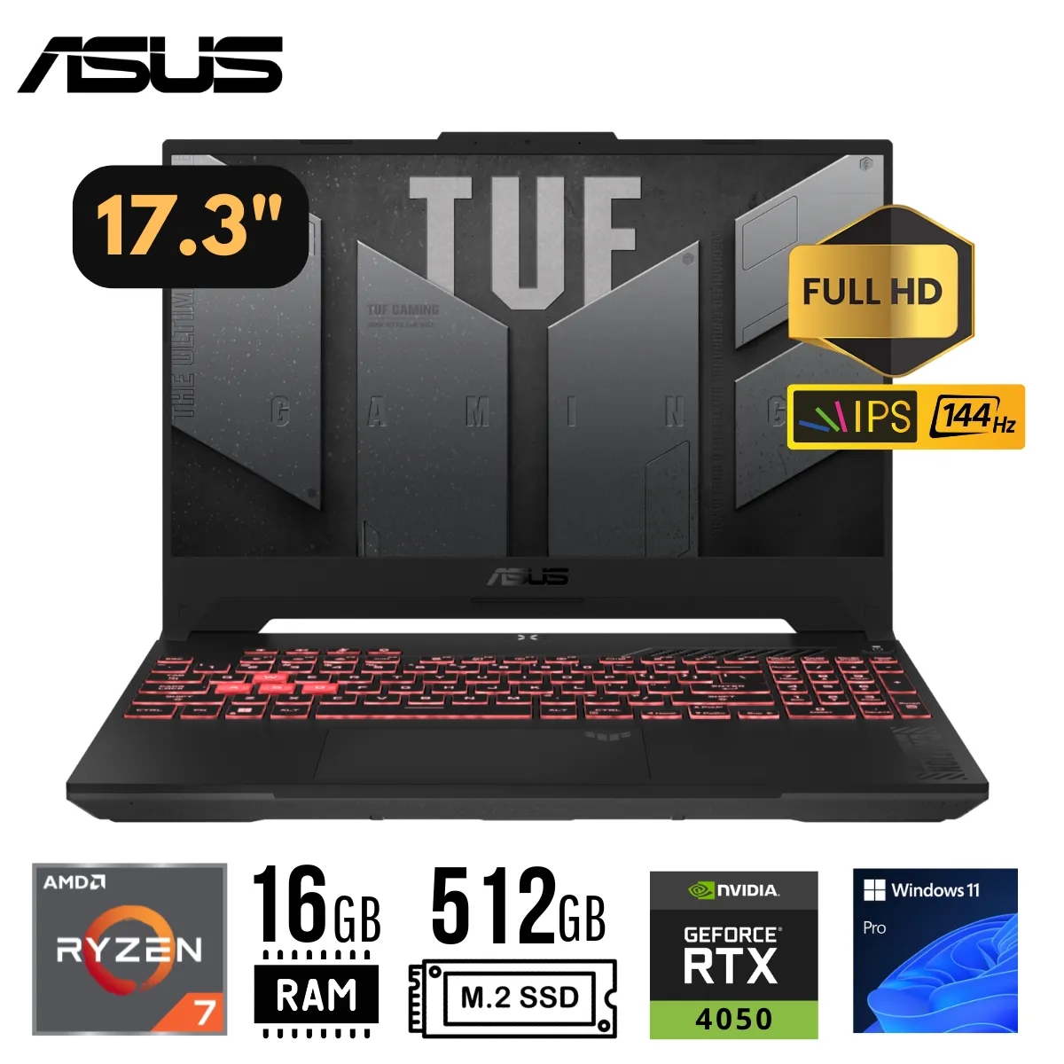 ASUS - LAPTOP ASUS TUF A17 FA707NUR-HX035  R7-7435HS RAM 16GB SSD 512GB RTX 4050 6GB 17.3" FHD IPS WIN 11