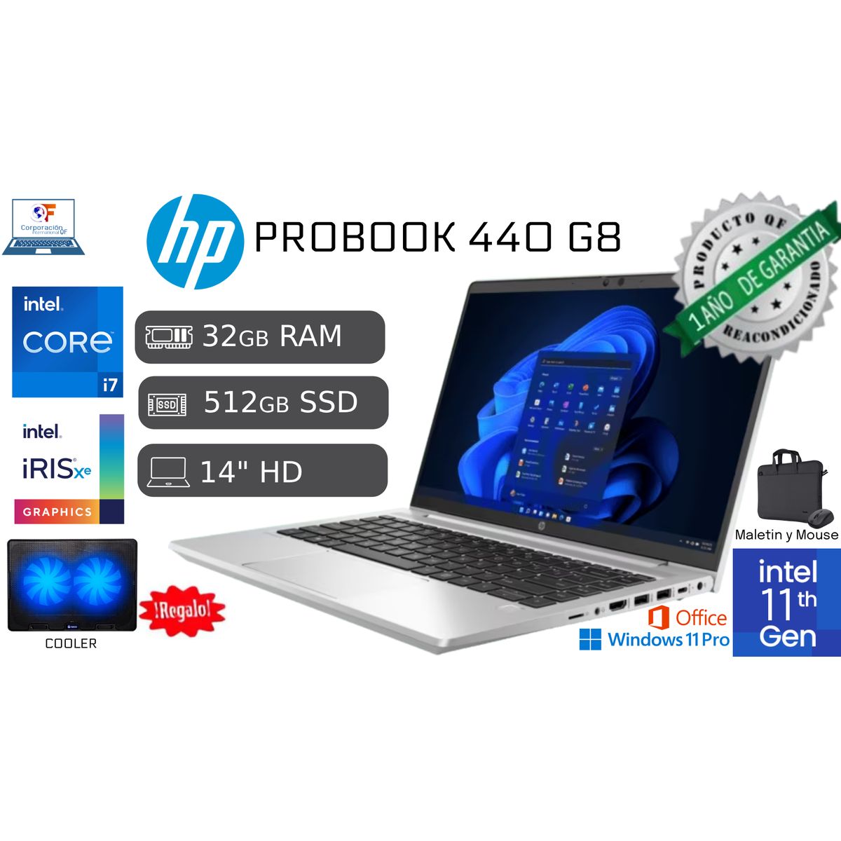 HP - Hp Probook 440 G8 I7 11va 32gb RAM 512gb SSD IPS Reacondicionada 1 Año Garantía + COOLER