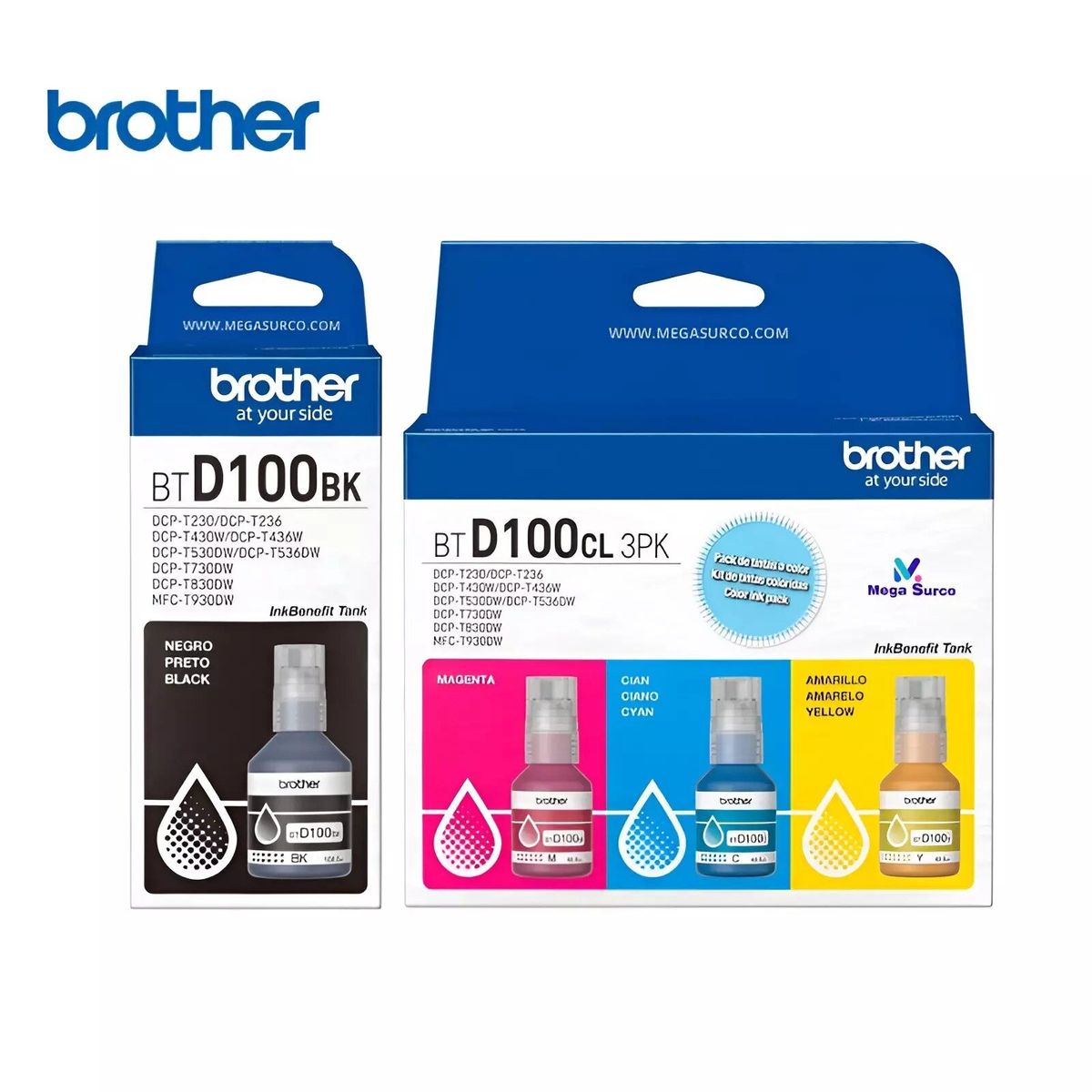 BROTHER - Kit Tinta Brother BTD100BK Negro BTD100CL 3PK Cian Magenta Amarillo