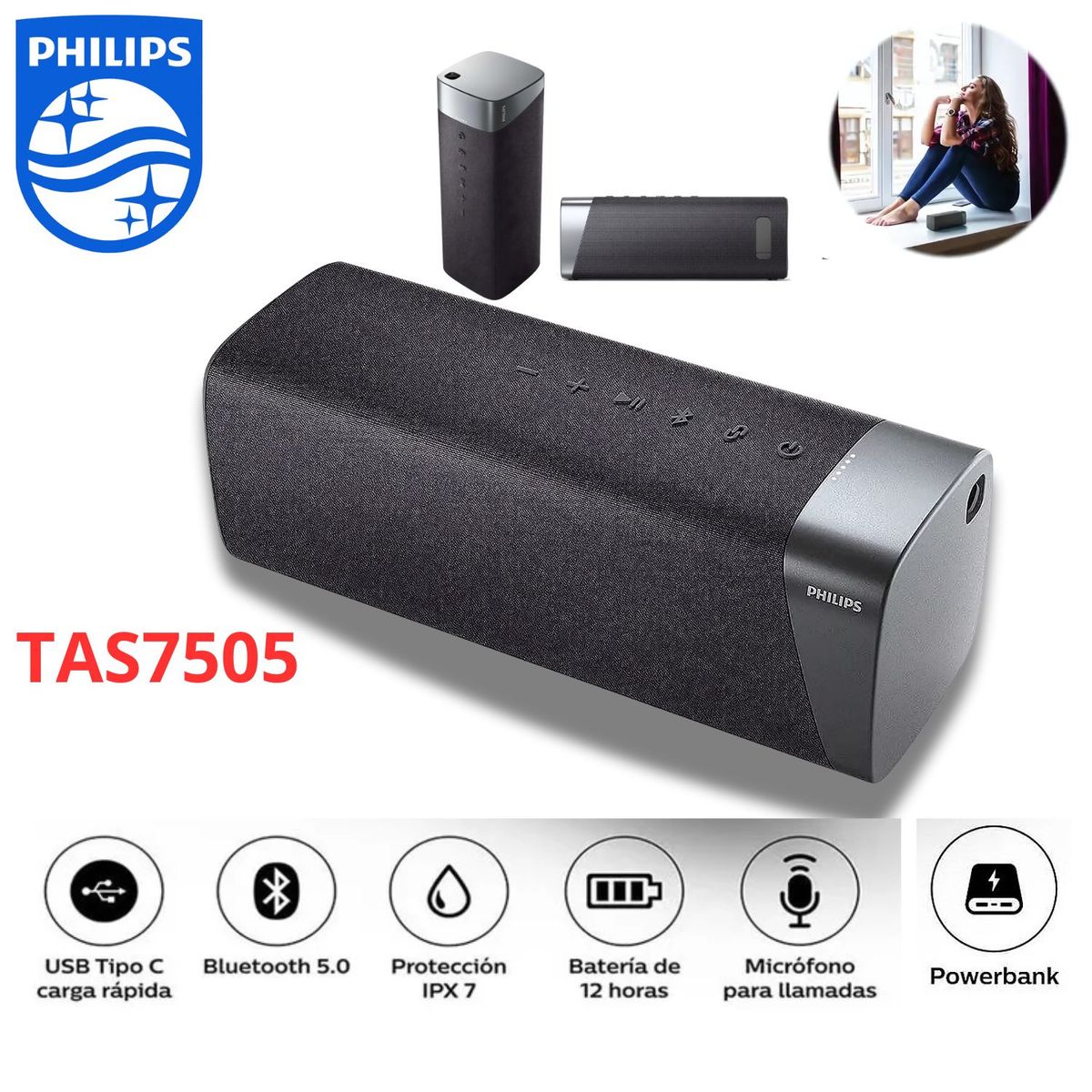 PHILIPS - Parlante Inalámbrico PHILIPS Resistente al Agua TAS7505