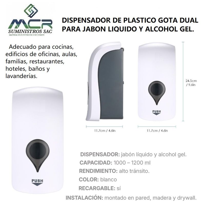 GENERICO - DISPENSADOR DE PLASTICO GOTA DUAL PARA JABON LIQUIDO Y ALCOHOL EN GEL