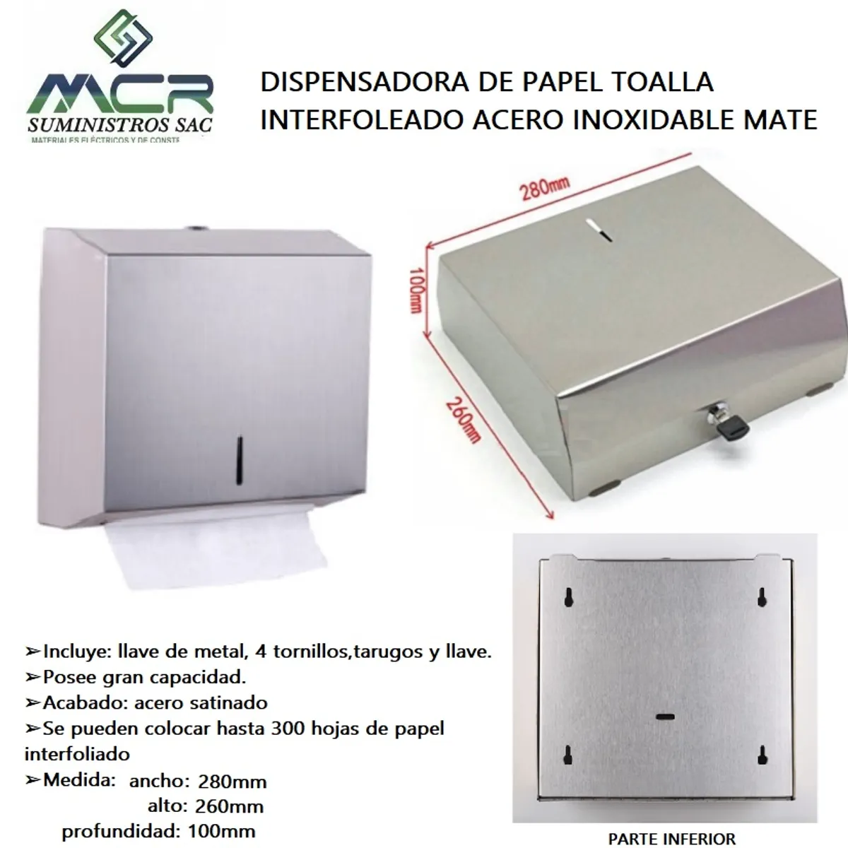 GENERICO - DISPENSADOR DE PAPEL TOALLA INTERFOLEADO ACERO INOXIDABLE MATE