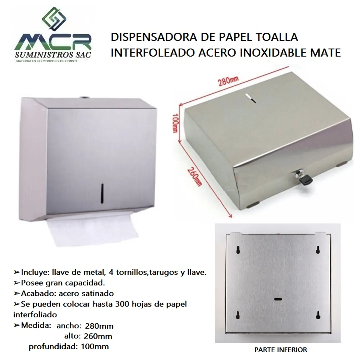 GENERICO - DISPENSADOR DE PAPEL TOALLA INTERFOLEADO ACERO INOXIDABLE MATE