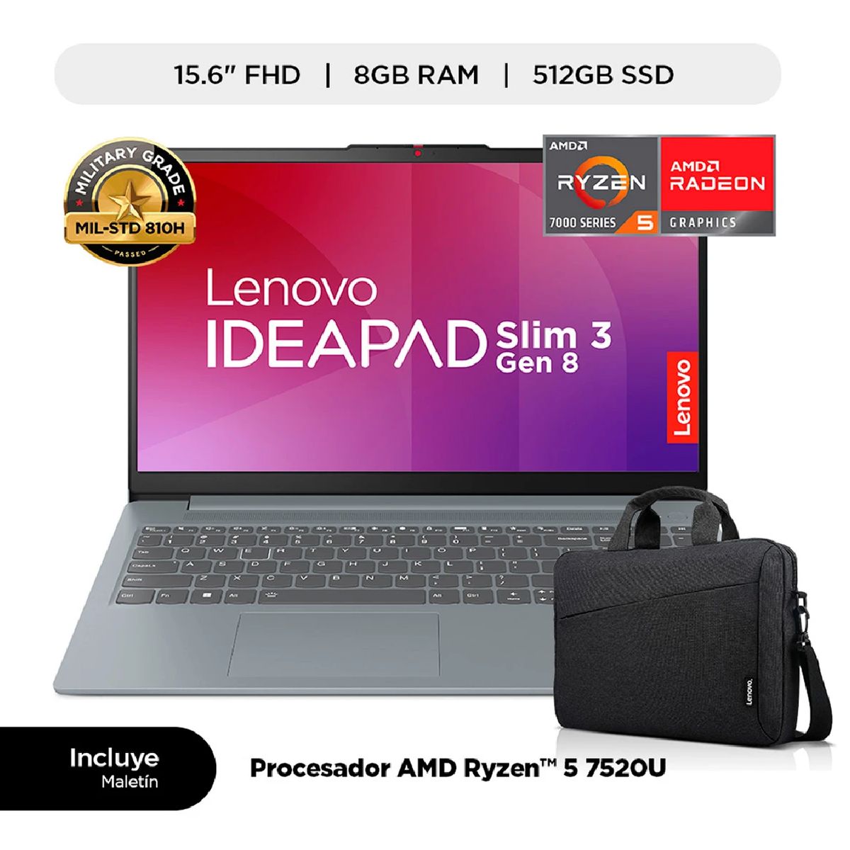 LENOVO - Laptop Lenovo IdeaPad Slim 3 - AMD Ryzen 5 7520U 8GB RAM 512GB SSD 15.6" FHD