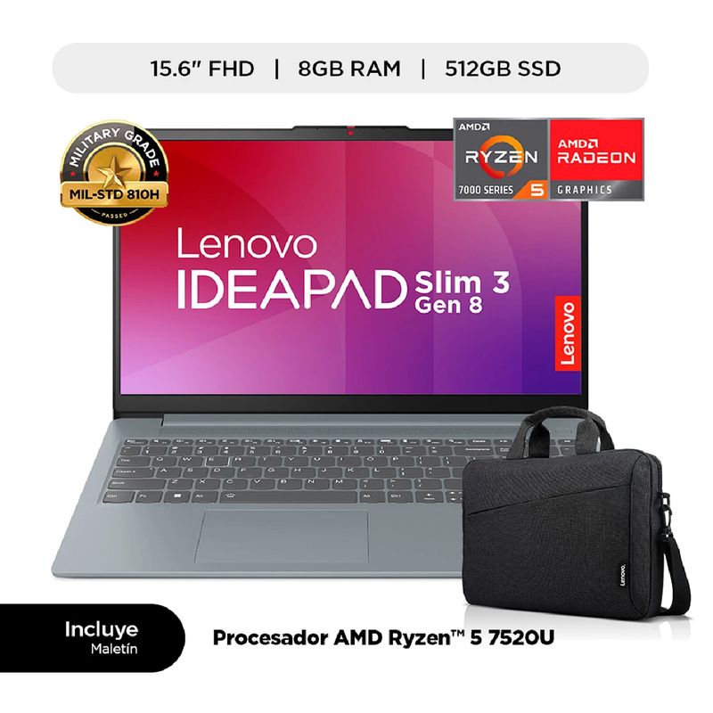 LENOVO - Laptop Lenovo IdeaPad Slim 3 - AMD Ryzen 5 7520U 8GB RAM 512GB SSD 15.6" FHD