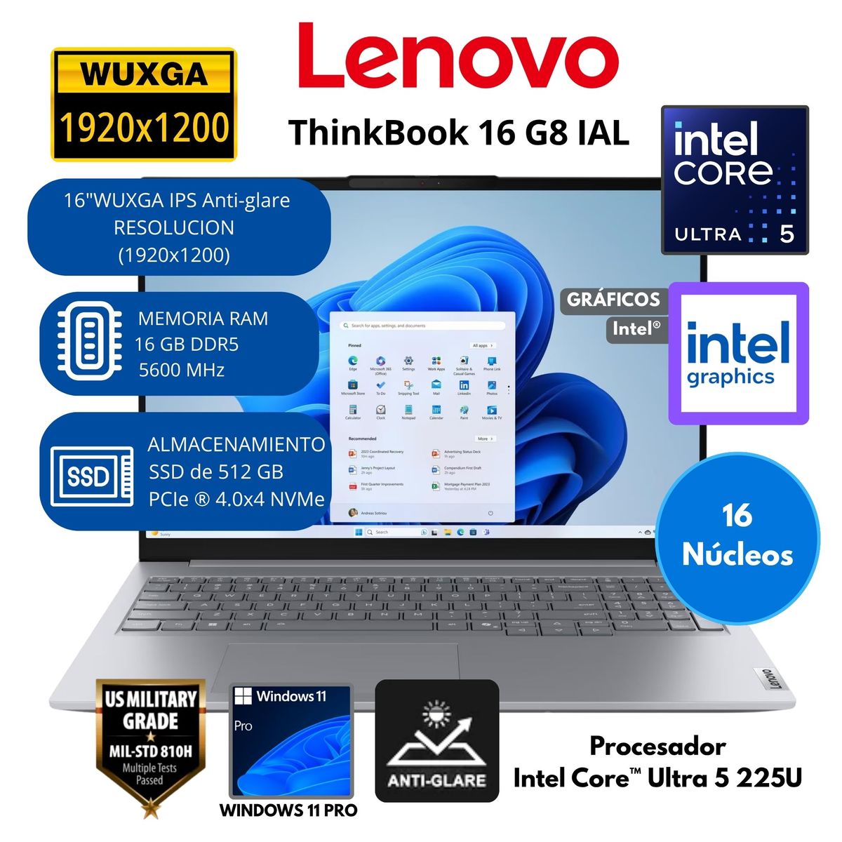 LENOVO - Laptop Lenovo ThinkBook Intel Core Ultra 5 (16 G8 IAL) RAM 16 GB SSD 512 GB 16"WUXGA Windows 11 PRO