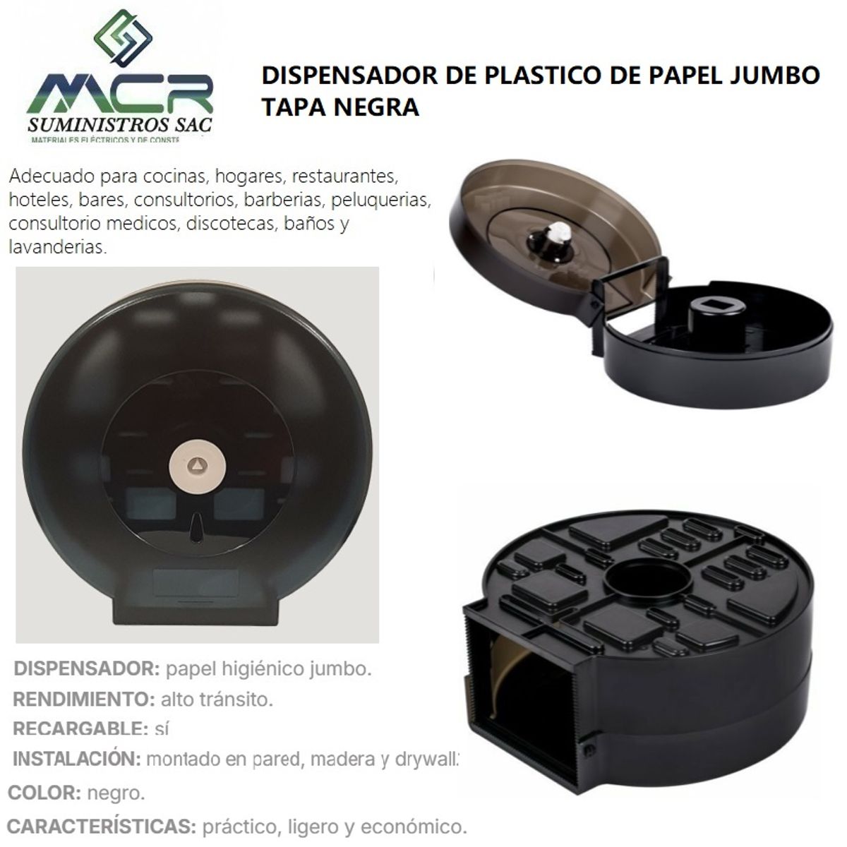 GENERICO - DISPENSADOR DE PLASTICO DE PAPEL JUMBO TAPA NEGRA