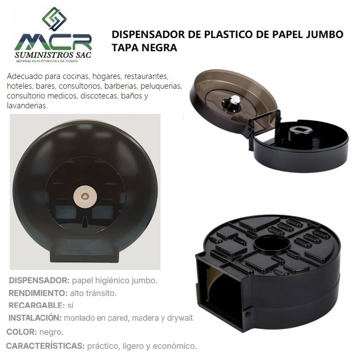 GENERICO - DISPENSADOR DE PLASTICO DE PAPEL JUMBO TAPA NEGRA