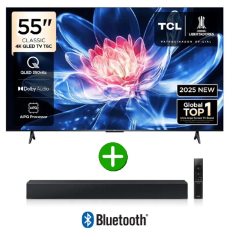 TCL - Televisor TCL 55" QLED Smart TV UHD 4K Año 2025 con Google TV 55T6C + Barra de sonido