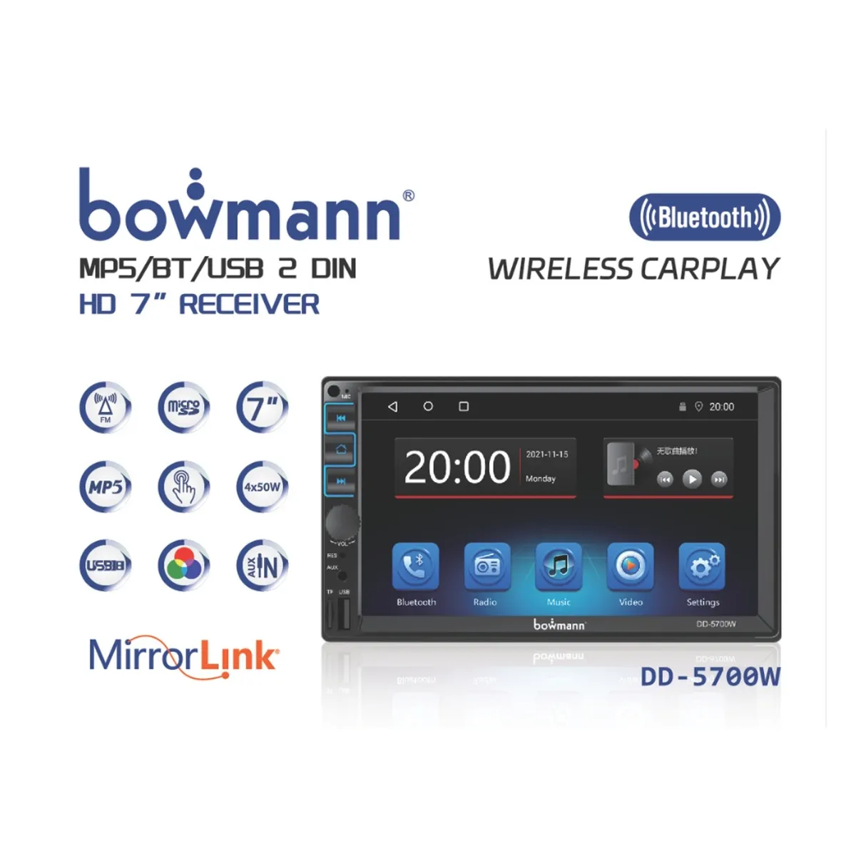 BOWMANN - Autoradio Bowmann Carplay Inalambrico Mirrorlink 7 + Cámara DD-5700WC