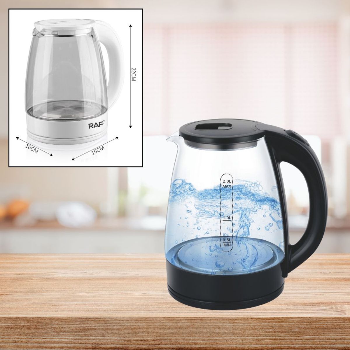 RAFF - HERVIDOR ELÉCTRICO DE VIDRIO 1500W 2 LITROS - NEGRO